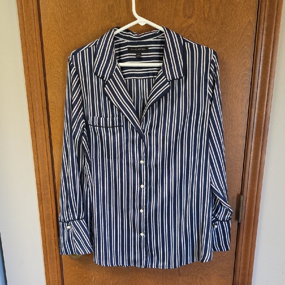 BR Striped Pearl Button Down Sleep Tunic Shirt
